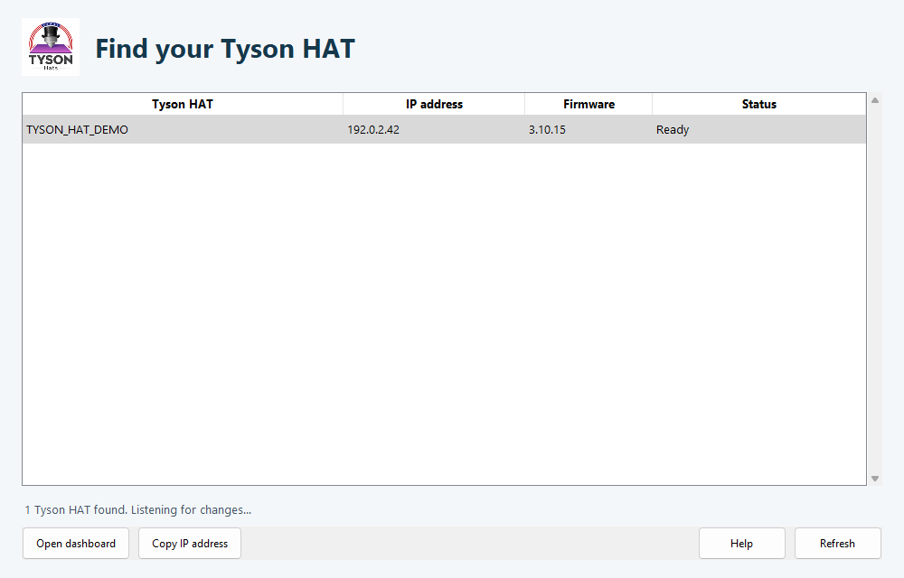 Tyson HAT Discovery 1.0.3 with an example device selected