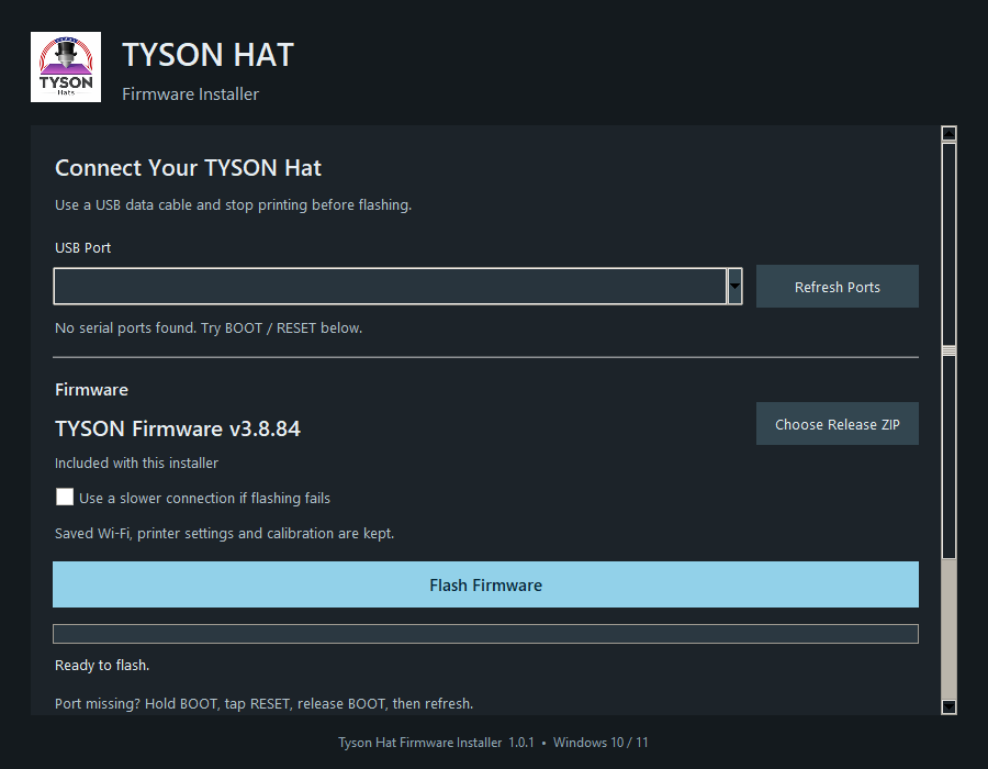 Tyson Hat Firmware Installer 1.0.1 showing USB port selection and bundled firmware