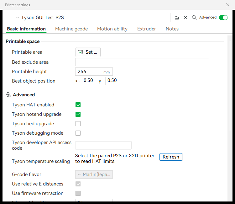Current Printer settings with Tyson HAT and Tyson hotend upgrade enabled