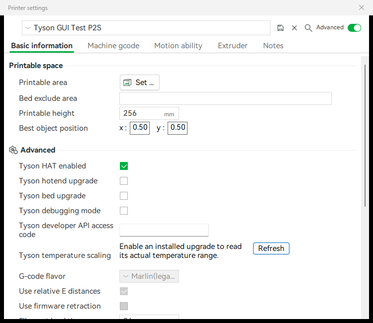Current Printer settings with Tyson HAT enabled and hotend and bed upgrades off