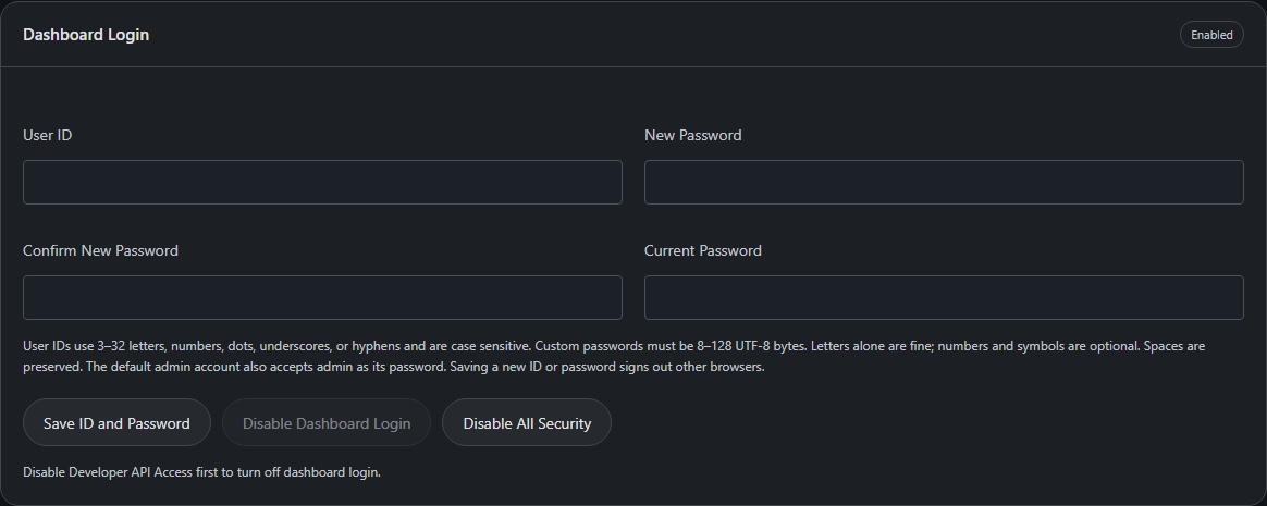 Dashboard account settings
