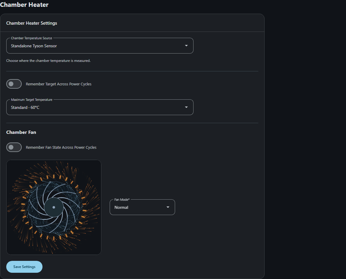 Chamber settings showing temperature source, target options, and fan modes