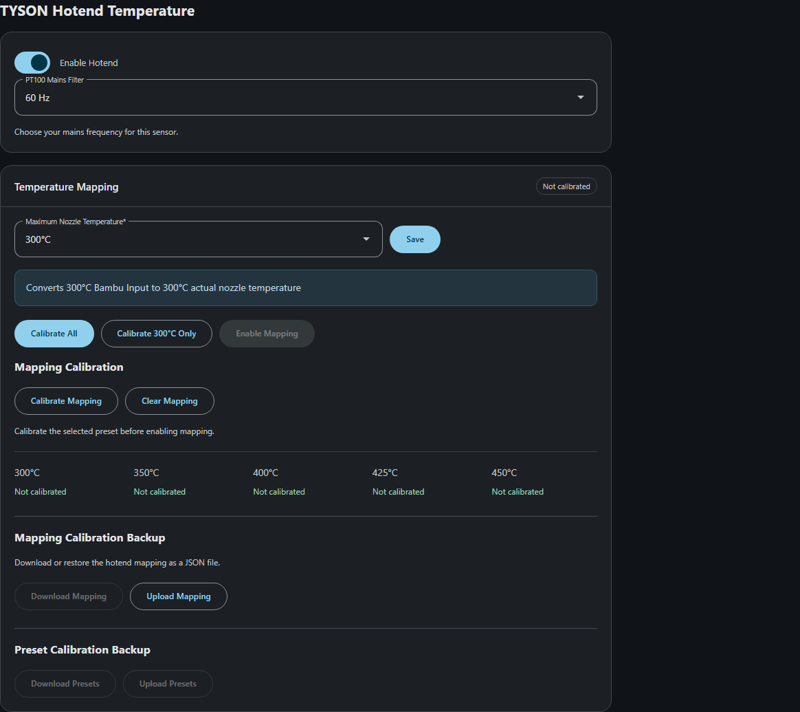 Current Hotend Settings, mapping and calibration controls