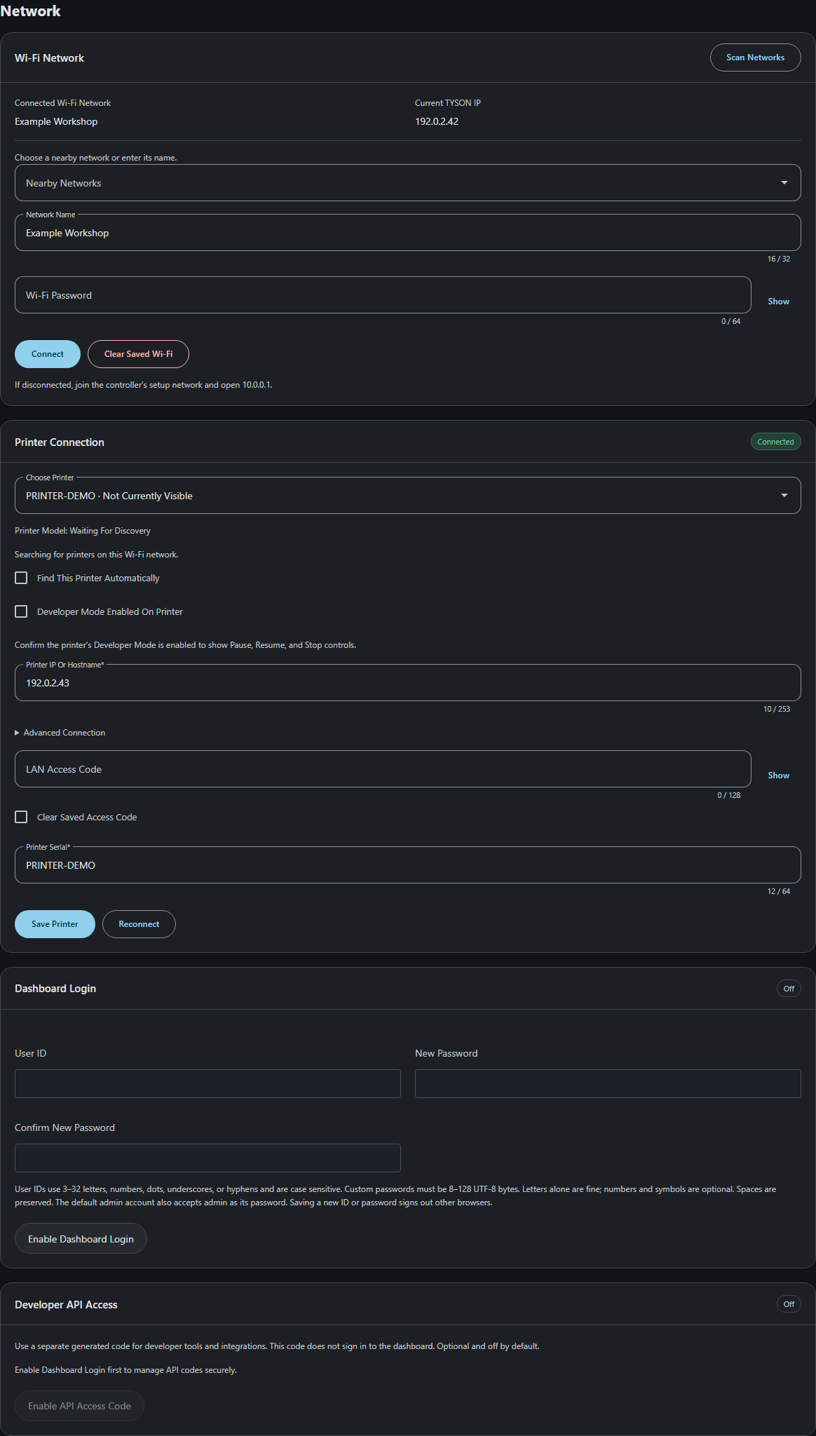 Tyson Settings page showing the Network tab